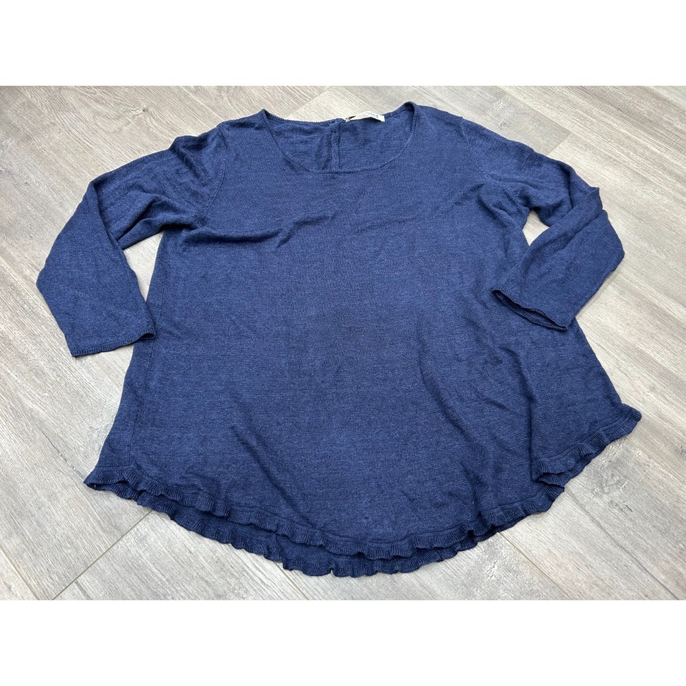 Mansted Sweater Womens XL Blue Linen Hemp Knit Ruffle Hem Boho Coastal‎